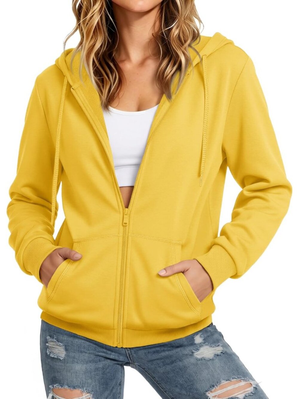 〽️Women's Yellow Zip Up Fleece Lined Sweatshirt Casual Outerwear Jacket Hooded